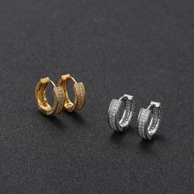 China Hiphop 18K Gold Plated Bling Full Diamond Hollow Hoop Earring Hip Hops Double Row Cubic Zircon Geometric Circle Earring for sale