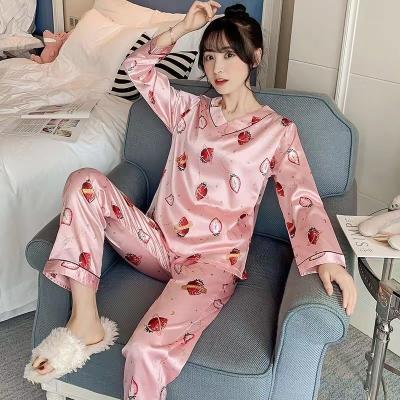 China High quality QUICK DRY new style with fresh summer pajamas silk pajamas for women set long long pants silk satin sleepwear for sale