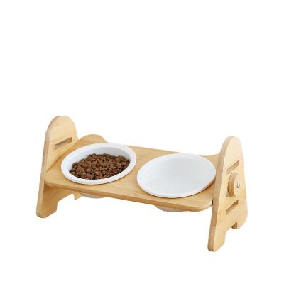 China Sustainable Bamboo Dog Bowl Food Storage Pet Feeder And Waterer With Double Ceramic Bowls Raised Feeder For Pet for sale