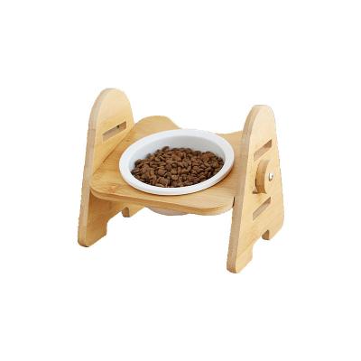 China Sustainable Bamboo Cat Bowl Food Storage Pet Feeder And Waterer With Ceramic Bowl Raised Feeder For Pet for sale