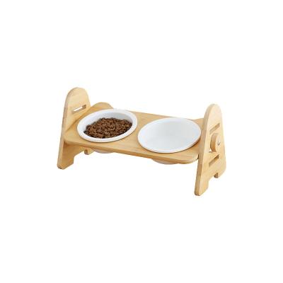 China Sustainable Bamboo Cat Bowl Food Storage Pet Feeder And Waterer With Double Ceramic Bowls Raised Feeder For Pet for sale