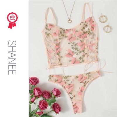 China Mesh SHANEE Floral Embroidered Mesh Teddy Lace Up Jumpsuit SL2102011-SLM-QS for sale