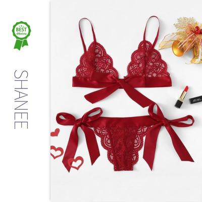 China Lace Lace Up SHANEE Scalloped Trim Tie Side Lingerie Set For Women SL2102072-SLM for sale