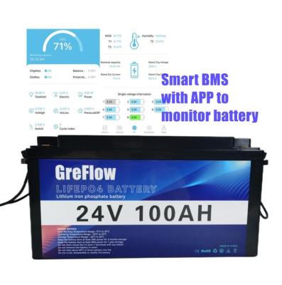 China deep cycle GreFlow 300ah 200ah 100ah 24v lifepo4 batteries lithium ion battery with bluetooth app for storage 100Ah solar system for sale