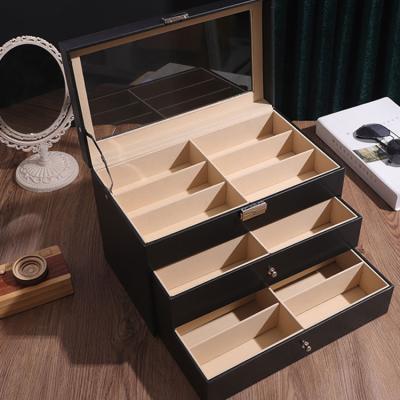 China Black PU Leather Single Layer Glass Storage Double Three Layer Watch Storage Display Box With Transparent Cover for sale