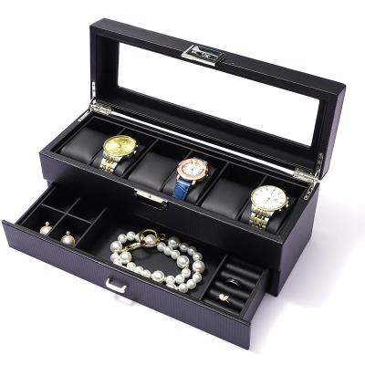 China High End Luxury Jewelry Embedded Leather Watch Strap Carbon Fiber Black Watch Storage Box Ring Watch Cufflinks Box for sale