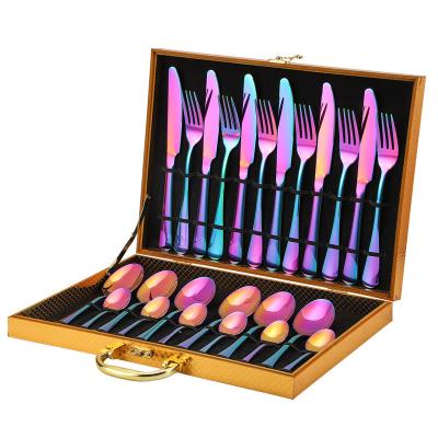 China Viable Luxury Colorful Flatware Flatware Knife Spoon Fork Set Flatware 24pcs Gold Metal Stainless Steel Flatware With Box for sale