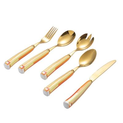 China Sustainable Luxury Home Restaurant Hotel Mirror Polished Dinner Knife Spoon Fork Set Stainless Steel Gold Cutlery With Ceramic Handle for sale