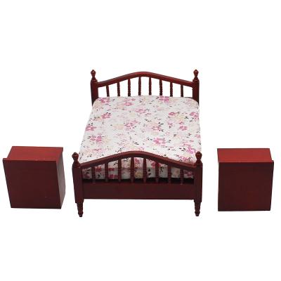 China 1:12 Mini Toy Wooden Furniture Toys Miniature Bedroom Fabric Wood Double Bed Miniature Furniture Toys With Furniture Cabinet for sale