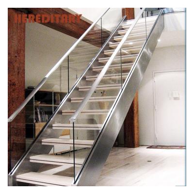 China Hotel Mezzanine Light Luxury Home Wooden Step Handrail Stainless Steel Glass Straight Staircase for sale