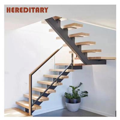 China Mono Stair Kits Hotel Self-Constructed Stringer L Shaped Staircase Design With Thick Oak Treads for sale