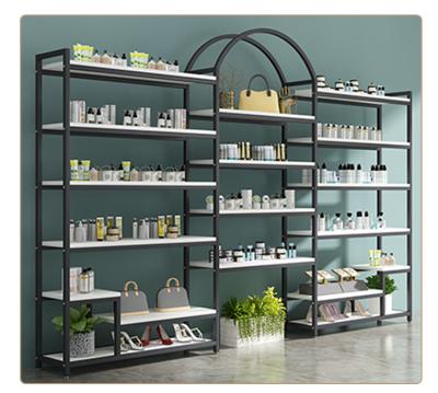 China Factory Outlet Modern Multilayer Wooden Metal Makeup Display Rack Shelving Shop Beauty Salon Skin Care Cosmetics Product Display for sale