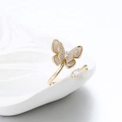 China New Trendy VANFI Simple Trendy Fashion Rings Jewelry Women's Shell Crystal Butterfly Adjustable Rings Gold Color for sale