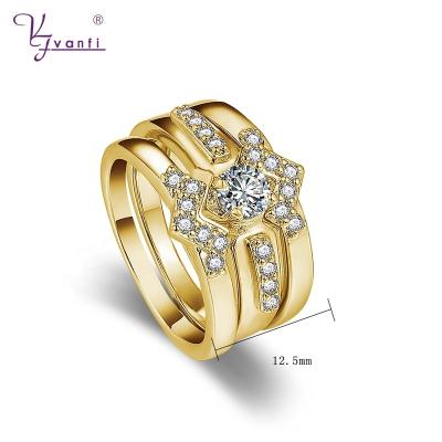 China Romantic Vanfi Couples Cubic Zirconia Copper Three Piece Engagement Wedding Ring Gold Set For Bridal Women for sale