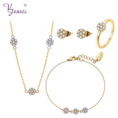 China VANFI TRENDY 14k Gold Necklace Flower Earrings Bracelet Ring Women CZ Chain Jewelry Set for sale