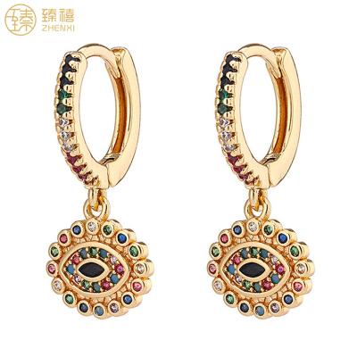 China Colorful Environmentally Friendly Design Brass Eye Zhenxi Zircon Stone Stud Earrings With Circle 18K Gold Plated Eye Drop Earrings For Women And Girls Daily for sale