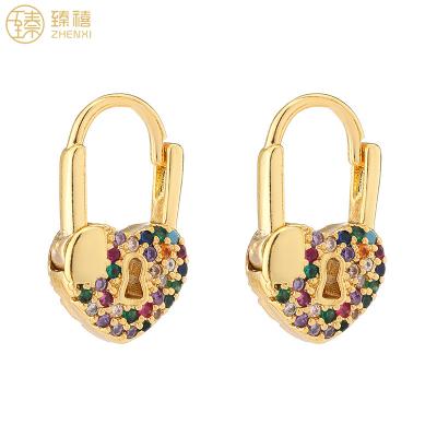 China Environmentally Friendly Zhenxi Design Heart Lock Zircon Colorful Stone Earrings Brass 18K Gold Plated Earrings For Women And Girls Daily Wear for sale