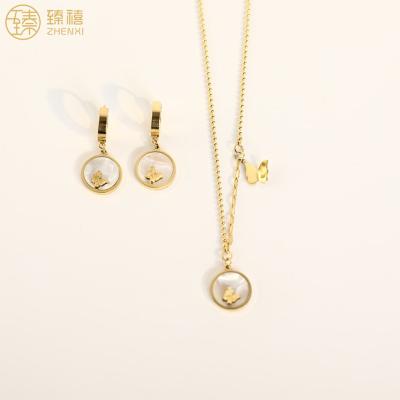 China ZHENXI Stainless Steel Environmental Friendly Gold Plated Butterfly 18K Shell Pearl Earrings Necklace Set White For Women And Girls Daily Wear for sale