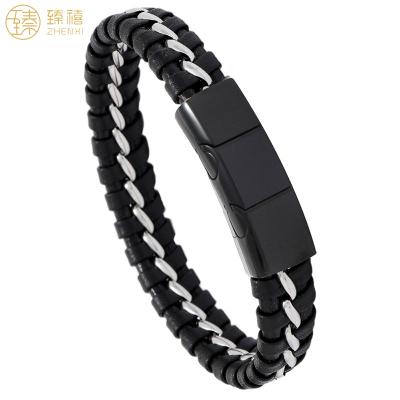 China Zhenxi Amazon Hot Sale PU And Environmentally Friendly Cattle Leather To Weave Stainless Steel Magnetic Clasp Bracelet For Men And Women Daily Wear for sale