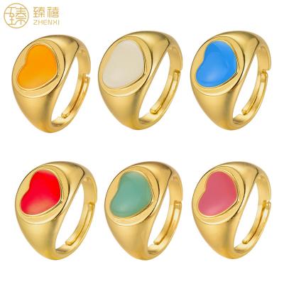 China Environmentally Friendly Cute Zhenxi Heart Oil Drip Open Ring Brass 18K Gold Plated Adjustable Simple Classic Ring For Women And Girls Daily Wear for sale