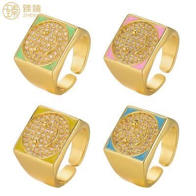 China Environmental Friendly Smile Face Zhenxi Oil Drip Copper 18K Gold Plated Open Ring Hiphop Zircon Stone Ring For Women And Men Daily Wear Gift for sale