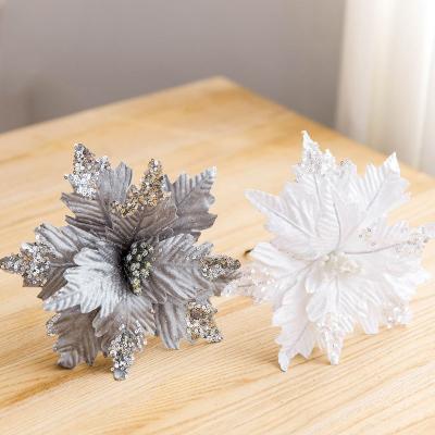 China Wholesale Red Silver Silk Artificial Handwork Glitter Christmas Flowers For Decorative Christmas Tree for sale