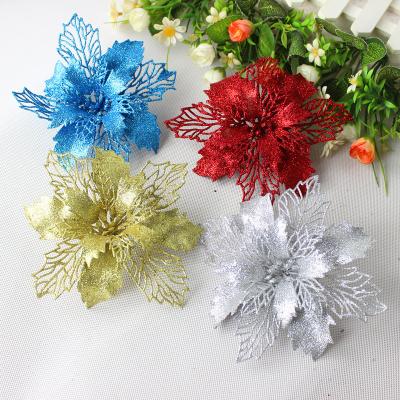 China Handwork Artificial Christmas Gold Flower With Powder Glitter Plastic Flower Christmas Tree Pendant For Christmas Decoration for sale