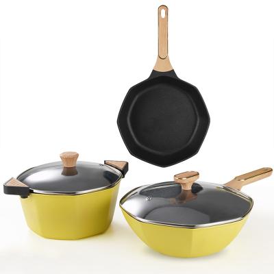 China Sustainable New Design Aluminum Alloy Non Sticky Pan Cookware Set For Kitchen Cooking With Lid Induction Bottom for sale