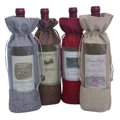 China Custom Packing Round Bottom Wine Red Wine Window Canvas Bag Jute Bag 14*30 Custom Round Bottom Gift for sale