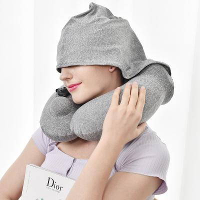 China Inflatable Luxury Outdoor Automatic Pressing Neck U Shape Portable Inflatable Travel Pillow With Hoodie for sale