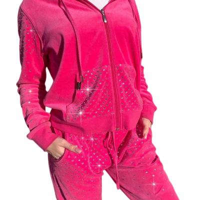 China DEC OEM Custom Pink Women's Full Zipper Breathable Casual Cotton Velor Tracksuits Fasion Jacket Logo Rhinestone Velor Hoodie Tracksuit for sale