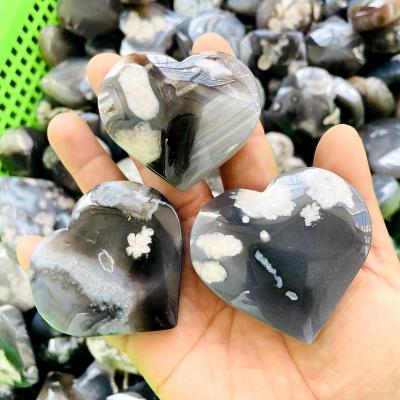 China China Hot sale black Cherry Blossom Flower Agate Heart Healing Crystal Heart for home decoration for sale