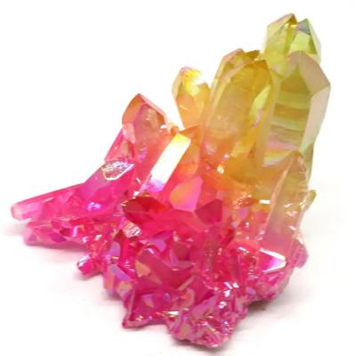 China Environmental Friendly Healing Pink Yellow Titanium Aura Quartz Crystal Clusters For Decoration for sale