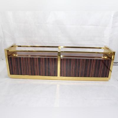 China Customized luxury frame design TV stand sideboard cabinet in walnut wood and metal glass top new for living room for sale