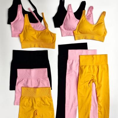 China New Knitted Breathable Fitness Suit Woman Running Bra Set High Waist Yoga Pants 4pcs Seamless Set Gym Clothes for sale