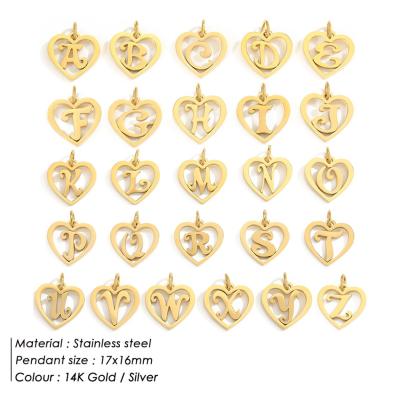 China Environmental Friendly 14K Gold Plated A-Z Initials English Letter Heart Pendant Hollow Shape Custom DIY Alphabet Charm Women Jewelry Findings for sale