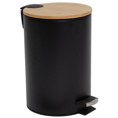 China Pressing Design Elements Pedal Type Powder Coating Classic Black Bamboo Living Room Trash Can Indoor Pedal Trash Can With Soft End for sale