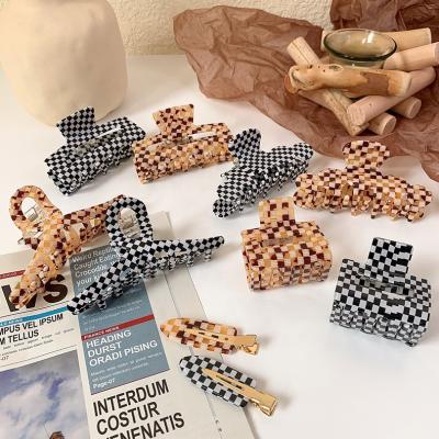 China Vintage Women Striped Cellulose Acetate Check Hair Accessories Black Brown And White Checkered Hair Claw Clip Checker Hair Claw for sale