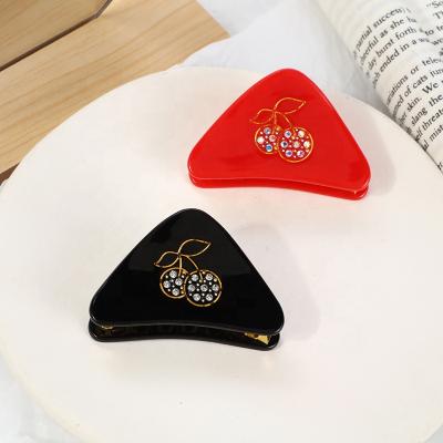 China Vintage medium large lady rhinestone frukt cherry crystal hair claws cut triangle geometric red black acetate minimalist hair claw for sale