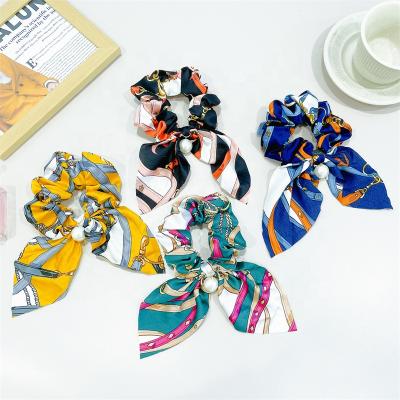 China 2021 European and American New Style Designer Bohemian Print Elastic Hair Bands Hair Accessories Ponytail Holder Hair Tie Ribbons Bows Pearl Scarf Scrunchies for sale