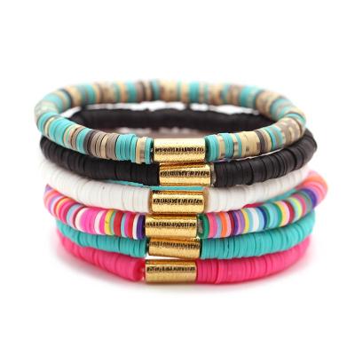 China 2021 BOHEMIA Friend Eco Polymer Clay Women Mens Disc Bead Bracelet Gold Metal Tube Bead Tube Vinyl Bacelets Handmade Bohemian Disc Bead Round for sale