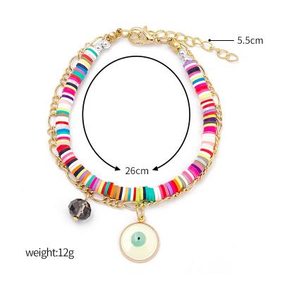 China Handmade BOHEMIA Beach Boho Men Women Chain Jewelery Layered Palm Sun Coin Charm Colorful Soft Polymer Clay Disc Evil Eye Clay Bracelets for sale