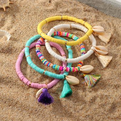 China White Beach Shell Polymer Clay Bracelets Soft Gold Beaded Handmade Clay Disc Beads Jewelry Tassel Men Girls Women BOHEMIA for sale