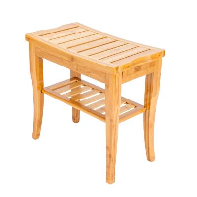 China Modern Design Modern Solid Wood Shower Bench Bathroom Bamboo Stool With Storage Shelf for sale