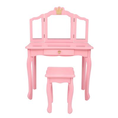 China Modern Three Folding Mirror Kids Vanity Table Stool Set For Girls Wooden Makeup Table And Chair for sale