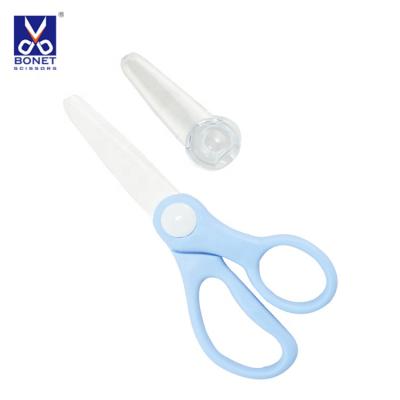 China Kitchen Home Safety Cover Plastic Food Vegetable Fruit Cutter Ceramic Food Baby Safe Scissors for sale