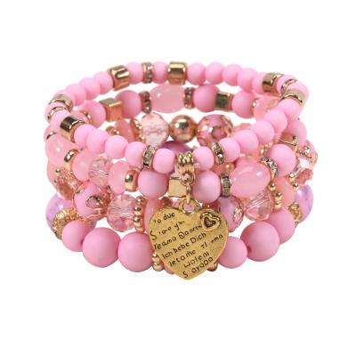 China SY Boho Casual/Sporty Pink Beaded Bracelet Set Women Fashion Accessories Pulseras Feminina Heart Pendant Bracelet Jewelry Valentines Day for sale