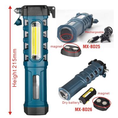 China Multifunctional Warehouse Factory Green Emergency 3W Dry Battery LED Torch Flashlight with Hammer and Belt Cutter for sale