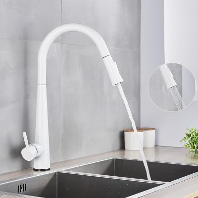 China Modern White Kitchen Faucets Single Hole Mixer Tap Pull Out Main Spout Kitchen Sink MixerTap Stream Sprayer Deck Installed for sale