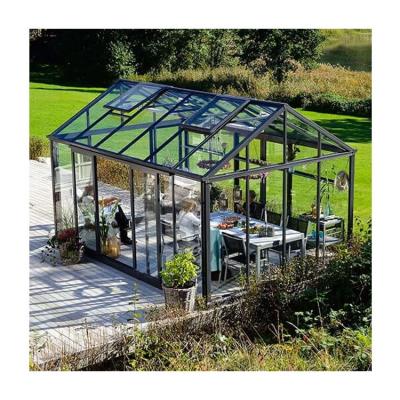 China Victorian Aluminum Herringbone Glass Roof Four Season Sun Block Sun Block Patio Sunroom With Sliding Windows for sale